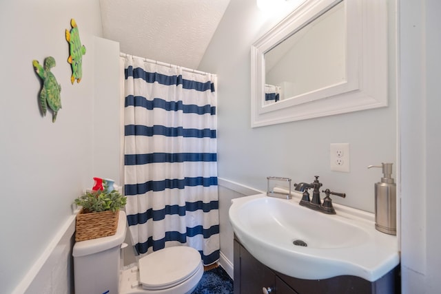 91 Creekside View Ln, Decaturville, TN 38329 - full bath featuring toilet, vanity, a shower with curtain, and lofted ceiling