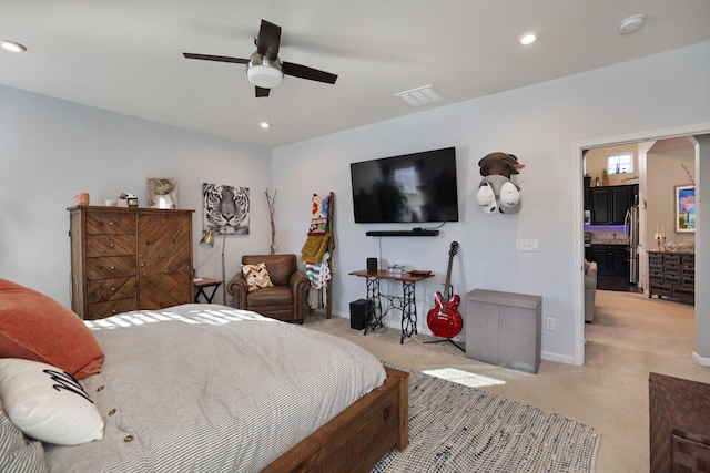 2844 Bluestem Ln, Murfreesboro, TN 37128 - bedroom with light carpet, recessed lighting, baseboards, freestanding refrigerator, and a ceiling fan