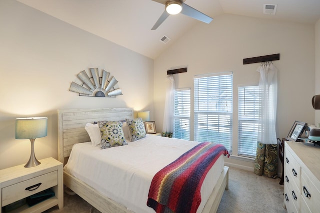 2844 Bluestem Ln, Murfreesboro, TN 37128 - bedroom with light carpet, vaulted ceiling, multiple windows, and a ceiling fan