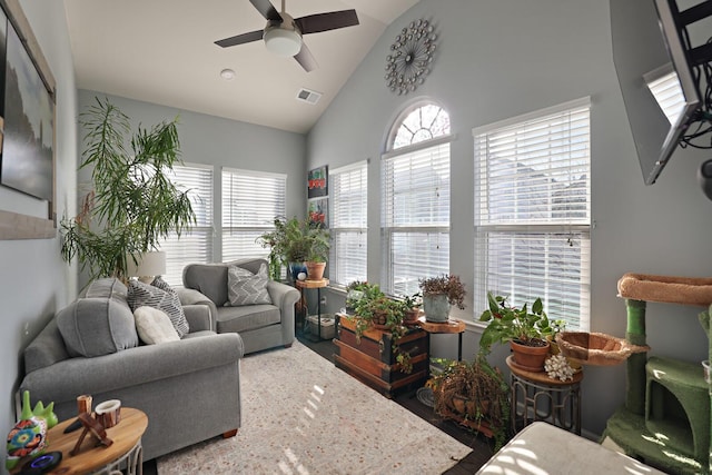 2844 Bluestem Ln, Murfreesboro, TN 37128 - living room featuring high vaulted ceiling and a ceiling fan