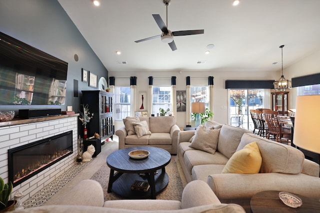 2844 Bluestem Ln, Murfreesboro, TN 37128 - living room with lofted ceiling, plenty of natural light, a brick fireplace, recessed lighting, and ceiling fan
