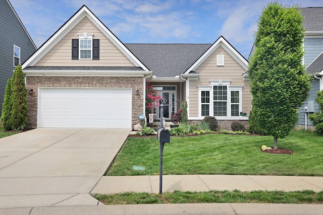 2844 Bluestem Ln, Murfreesboro, TN 37128 - traditional-style house with concrete driveway, a front yard, a garage, stone siding, and a shingled roof