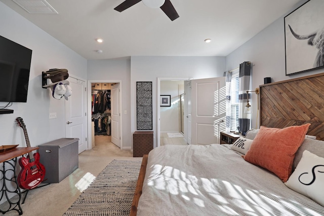 2844 Bluestem Ln, Murfreesboro, TN 37128 - bedroom featuring light carpet, a spacious closet, a closet, ceiling fan, and ensuite bathroom