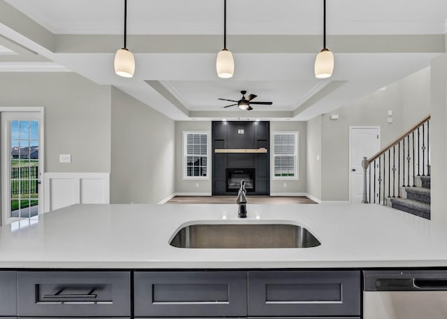752 Boreal Way, Clarksville, TN 37042 - kitchen featuring stainless steel dishwasher, gray cabinets, a sink, a ceiling fan, and ornamental molding