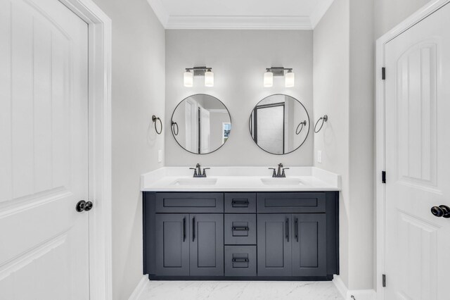 752 Boreal Way, Clarksville, TN 37042 - bathroom featuring baseboards, double vanity, marble finish floors, and crown molding
