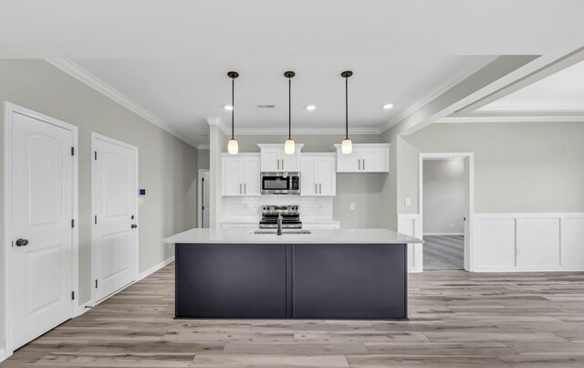 752 Boreal Way, Clarksville, TN 37042 - kitchen featuring stainless steel appliances, white cabinets, ornamental molding, light wood-type flooring, and light countertops