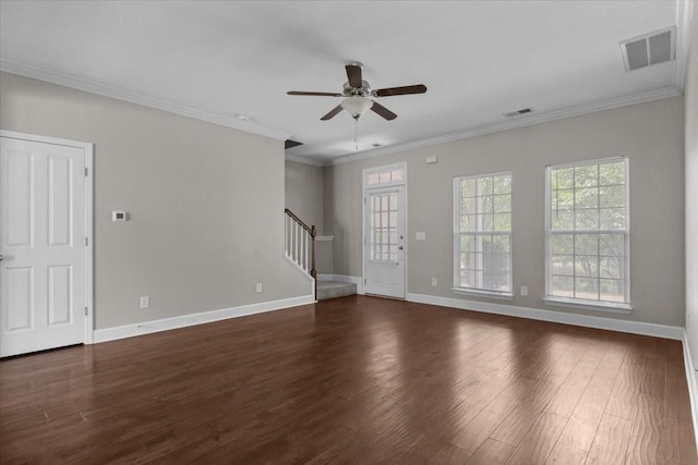 4316 Summercrest Blvd Unit 105, Antioch, TN 37013 - unfurnished living room with stairway, dark wood-style floors, ceiling fan, baseboards, and crown molding
