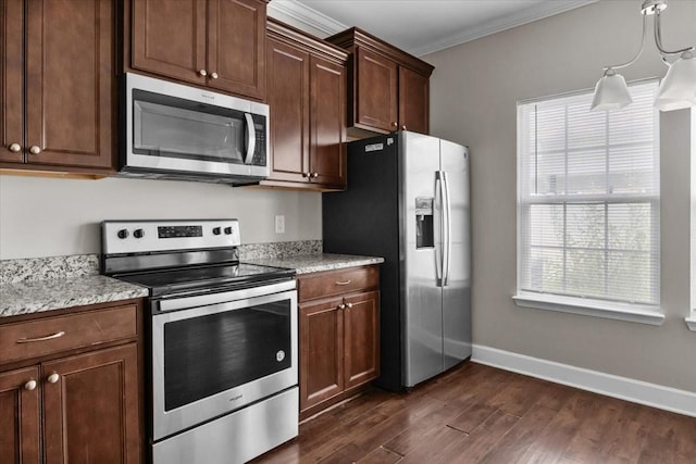 4316 Summercrest Blvd Unit 105, Antioch, TN 37013 - kitchen featuring appliances with stainless steel finishes, ornamental molding, dark wood-style flooring, baseboards, and light stone countertops