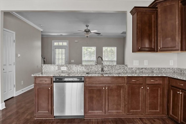4316 Summercrest Blvd Unit 105, Antioch, TN 37013 - kitchen featuring stainless steel dishwasher, a sink, ornamental molding, ceiling fan, and light stone counters