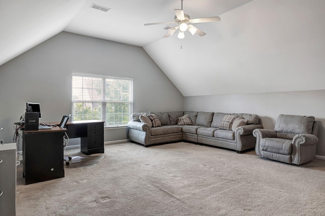 4047 Locerbie Cir, Spring Hill, TN 37174 - living area featuring carpet floors, ceiling fan, an office area, and lofted ceiling