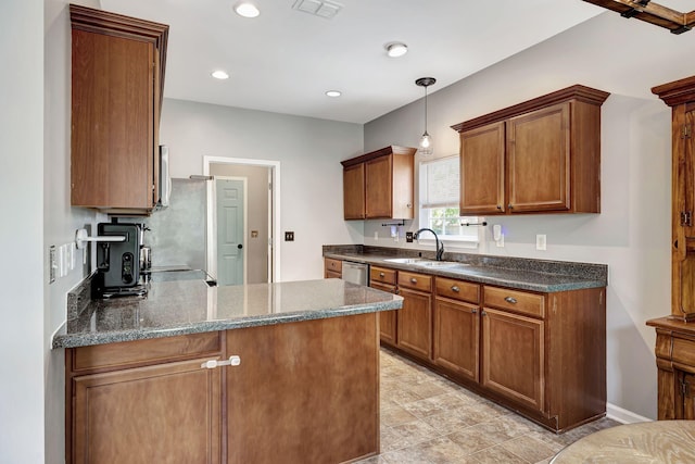 4047 Locerbie Cir, Spring Hill, TN 37174 - kitchen featuring a peninsula, dishwasher, brown cabinets, pendant lighting, and dark stone counters