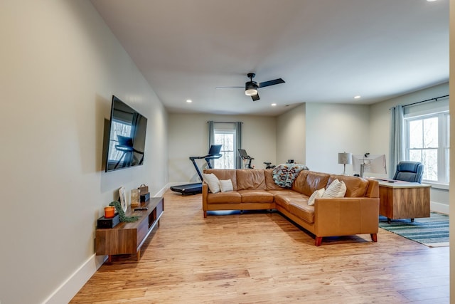 639 Piney Creek Rd, Hohenwald, TN 38462 - living room with light wood-type flooring, ceiling fan, baseboards, and recessed lighting