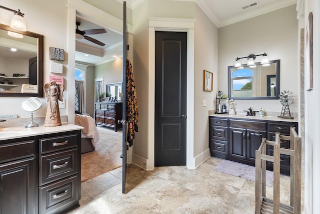 532 Tidwell Rd, Bon Aqua, TN 37025 - ensuite bathroom featuring ornamental molding, vanity, ceiling fan, and baseboards