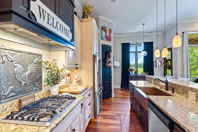 532 Tidwell Rd, Bon Aqua, TN 37025 - kitchen featuring appliances with stainless steel finishes, a sink, dark wood finished floors, light stone counters, and hanging light fixtures