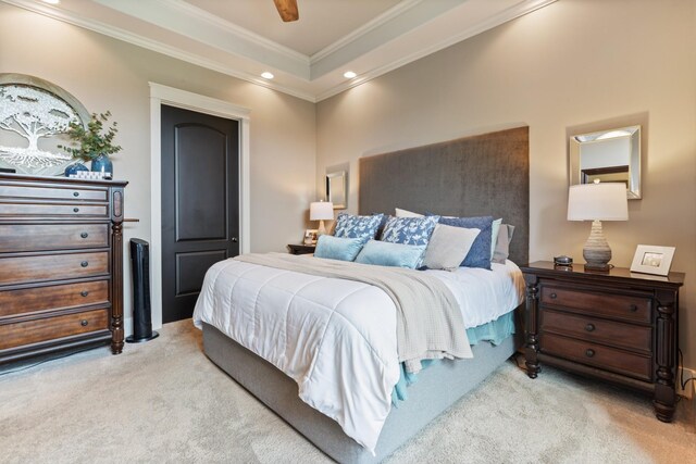 532 Tidwell Rd, Bon Aqua, TN 37025 - bedroom featuring carpet floors, crown molding, recessed lighting, a ceiling fan, and a raised ceiling
