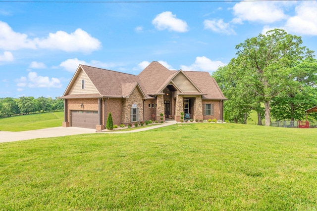 532 Tidwell Rd, Bon Aqua, TN 37025 - view of front facade with brick siding, concrete driveway, a garage, a front lawn, and a shingled roof