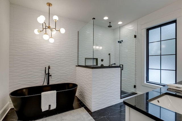 1050 Garton Rd, Burns, TN 37029 - full bathroom with a shower stall, healthy amount of natural light, a freestanding bath, vanity, and recessed lighting