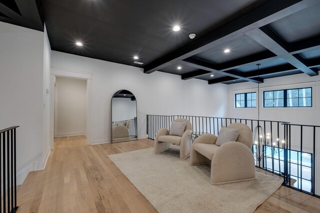 1050 Garton Rd, Burns, TN 37029 - sitting room with light wood-type flooring, beam ceiling, baseboards, recessed lighting, and coffered ceiling