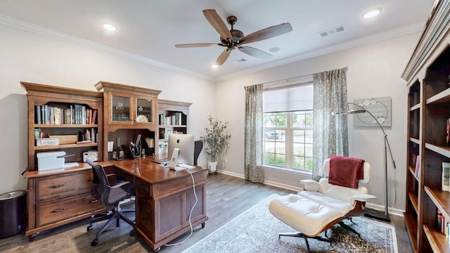 1106 Davidson Walk, Spring Hill, TN 37174 - home office with a ceiling fan, wood finished floors, baseboards, crown molding, and recessed lighting