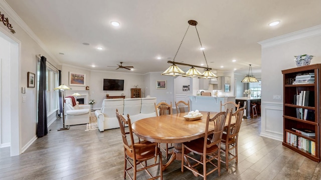 1106 Davidson Walk, Spring Hill, TN 37174 - dining room with crown molding, wood finished floors, recessed lighting, ceiling fan, and a fireplace