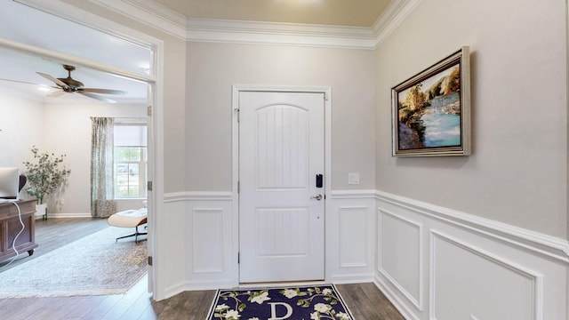 1106 Davidson Walk, Spring Hill, TN 37174 - foyer entrance with crown molding, dark wood-type flooring, a decorative wall, a wainscoted wall, and ceiling fan