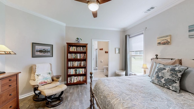 1106 Davidson Walk, Spring Hill, TN 37174 - bedroom featuring wood finished floors, ornamental molding, baseboards, ensuite bath, and a ceiling fan