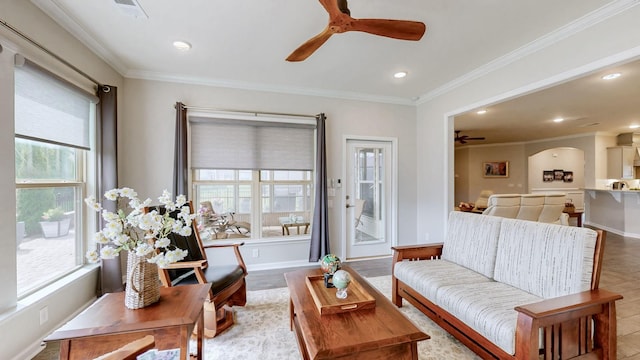 1106 Davidson Walk, Spring Hill, TN 37174 - living area with a ceiling fan, wood finished floors, crown molding, recessed lighting, and baseboards