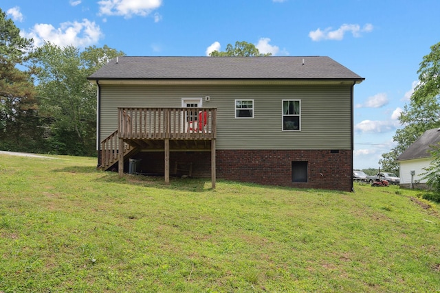 1505 Bakers Work Rd, Burns, TN 37029 - back of property with a wooden deck, a yard, and stairs