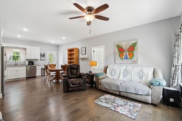 1505 Bakers Work Rd, Burns, TN 37029 - living area with ceiling fan, recessed lighting, and dark wood-style floors