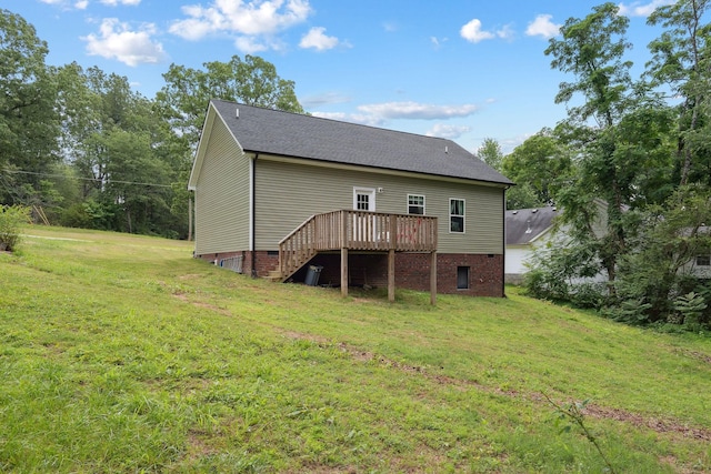 1505 Bakers Work Rd, Burns, TN 37029 - rear view of house featuring a deck, a lawn, stairs, and a shingled roof