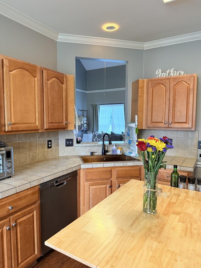 2415 Saint Andrews Dr, Murfreesboro, TN 37128 - kitchen with dishwasher, ornamental molding, tasteful backsplash, butcher block countertops, and dark wood-type flooring