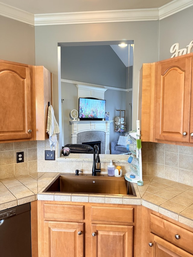 2415 Saint Andrews Dr, Murfreesboro, TN 37128 - kitchen featuring dishwasher, crown molding, backsplash, a fireplace, and light countertops