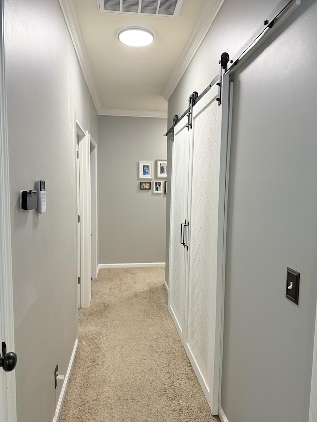 2415 Saint Andrews Dr, Murfreesboro, TN 37128 - hall featuring a barn door, light colored carpet, and crown molding