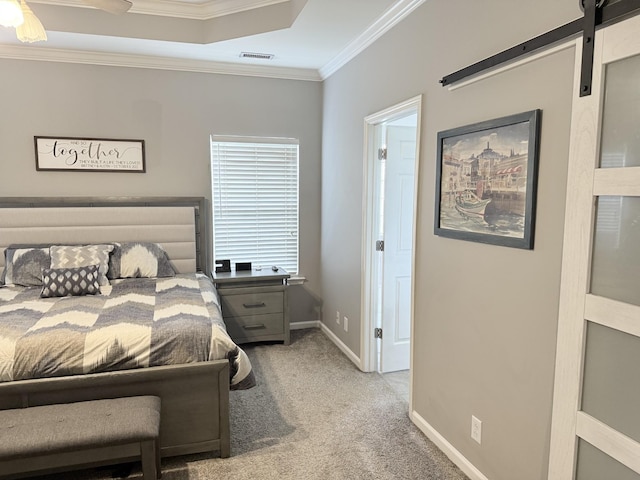 2415 Saint Andrews Dr, Murfreesboro, TN 37128 - bedroom featuring ornamental molding, light carpet, and a barn door
