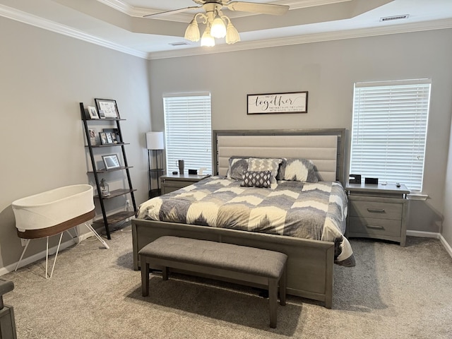 2415 Saint Andrews Dr, Murfreesboro, TN 37128 - bedroom featuring light colored carpet, crown molding, a tray ceiling, and a ceiling fan