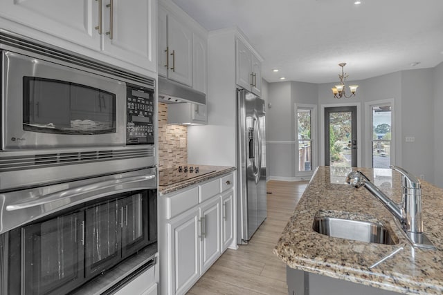 2103 Liebengood Rd, Goodlettsville, TN 37072 - kitchen featuring stainless steel appliances, a sink, under cabinet range hood, decorative backsplash, and light wood-style floors