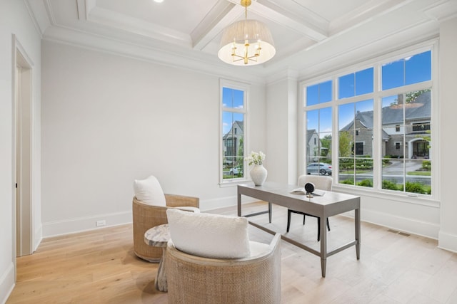 9314 Double Run Ct, College Grove, TN 37046 - office with a chandelier, coffered ceiling, baseboards, ornamental molding, and beamed ceiling