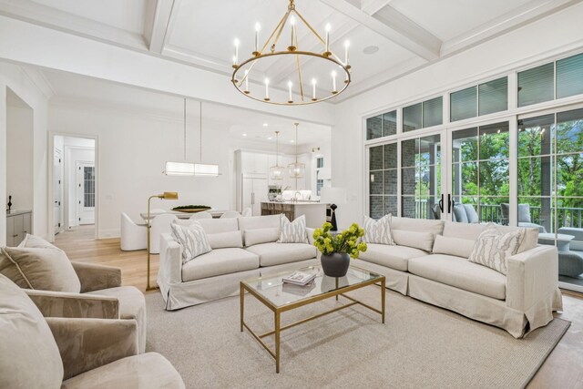 9314 Double Run Ct, College Grove, TN 37046 - living room featuring a chandelier, coffered ceiling, light wood-style floors, beam ceiling, and crown molding