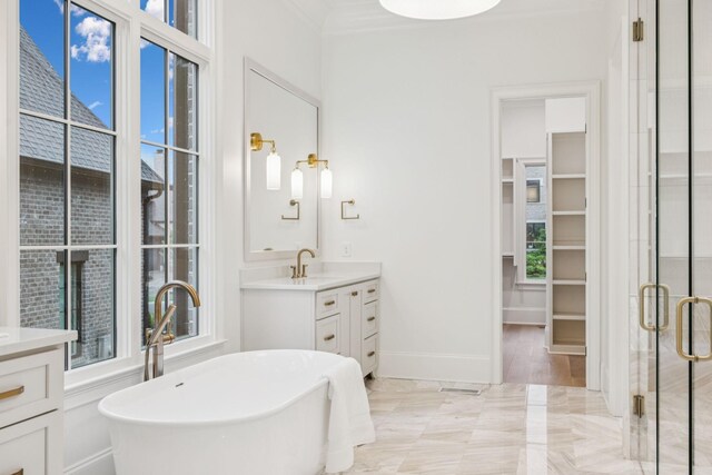 9314 Double Run Ct, College Grove, TN 37046 - bathroom featuring vanity, a shower stall, a soaking tub, a spacious closet, and ornamental molding