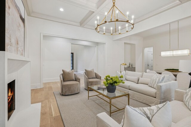 9314 Double Run Ct, College Grove, TN 37046 - living area featuring light wood-style floors, a chandelier, beam ceiling, a premium fireplace, and recessed lighting