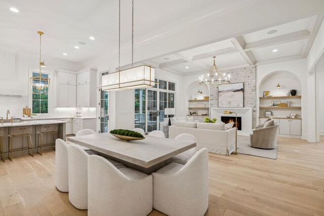 9314 Double Run Ct, College Grove, TN 37046 - dining space with a chandelier, coffered ceiling, light wood-type flooring, ornamental molding, and recessed lighting