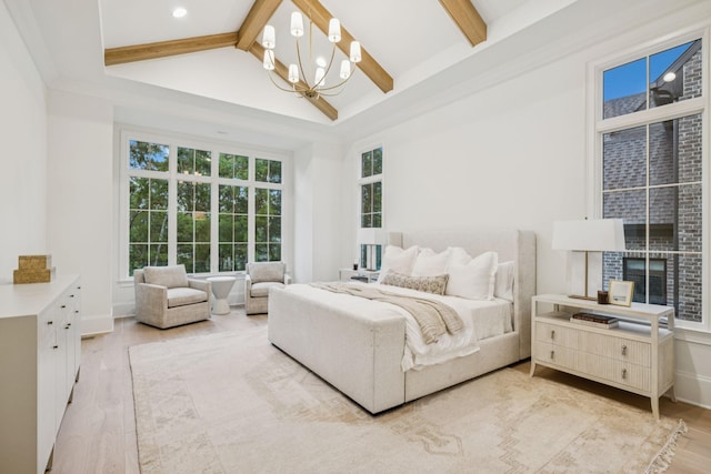 9314 Double Run Ct, College Grove, TN 37046 - bedroom featuring a chandelier, light wood finished floors, beam ceiling, recessed lighting, and baseboards