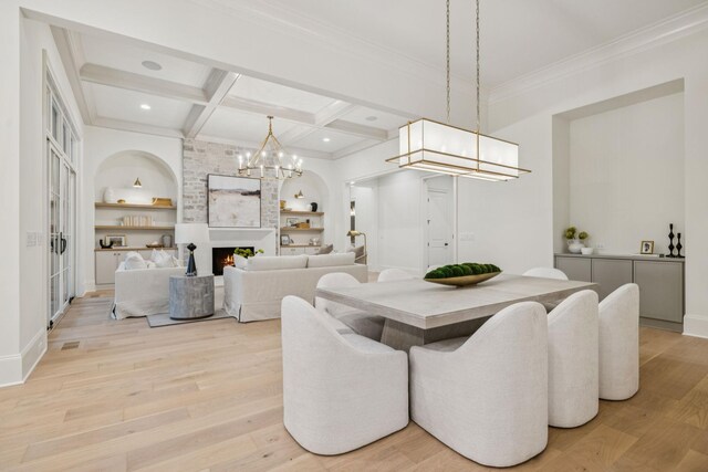 9314 Double Run Ct, College Grove, TN 37046 - dining area with a chandelier, coffered ceiling, beam ceiling, light wood-type flooring, and recessed lighting