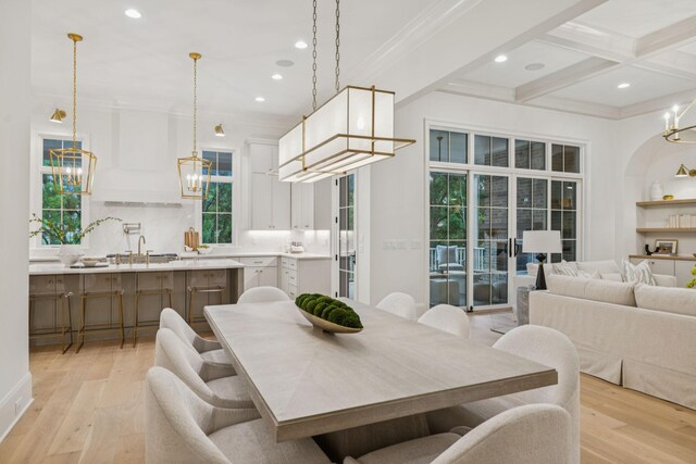 9314 Double Run Ct, College Grove, TN 37046 - dining room featuring a chandelier, recessed lighting, light wood-style flooring, beam ceiling, and coffered ceiling