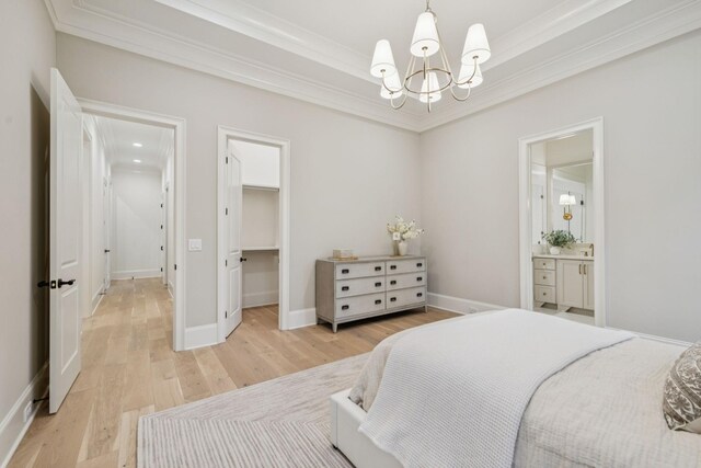 9314 Double Run Ct, College Grove, TN 37046 - bedroom featuring a chandelier, light wood finished floors, ornamental molding, a spacious closet, and ensuite bathroom