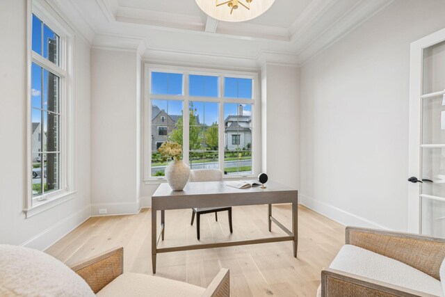 9314 Double Run Ct, College Grove, TN 37046 - office featuring healthy amount of natural light, ornamental molding, light wood-type flooring, baseboards, and coffered ceiling