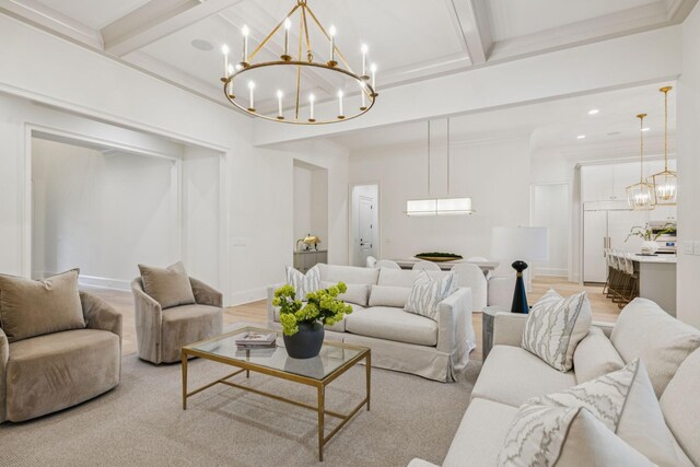 9314 Double Run Ct, College Grove, TN 37046 - living room featuring a chandelier, beamed ceiling, and recessed lighting