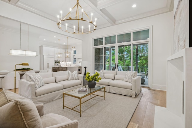 9314 Double Run Ct, College Grove, TN 37046 - living room featuring a chandelier, light wood-style floors, recessed lighting, beamed ceiling, and coffered ceiling