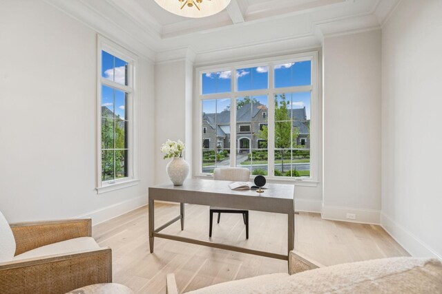 9314 Double Run Ct, College Grove, TN 37046 - home office featuring ornamental molding, baseboards, light wood-type flooring, coffered ceiling, and beamed ceiling