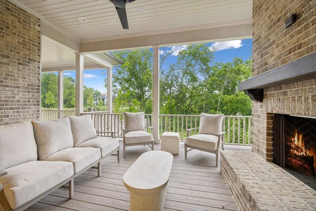 9314 Double Run Ct, College Grove, TN 37046 - deck featuring an outdoor living space with a fireplace and ceiling fan
